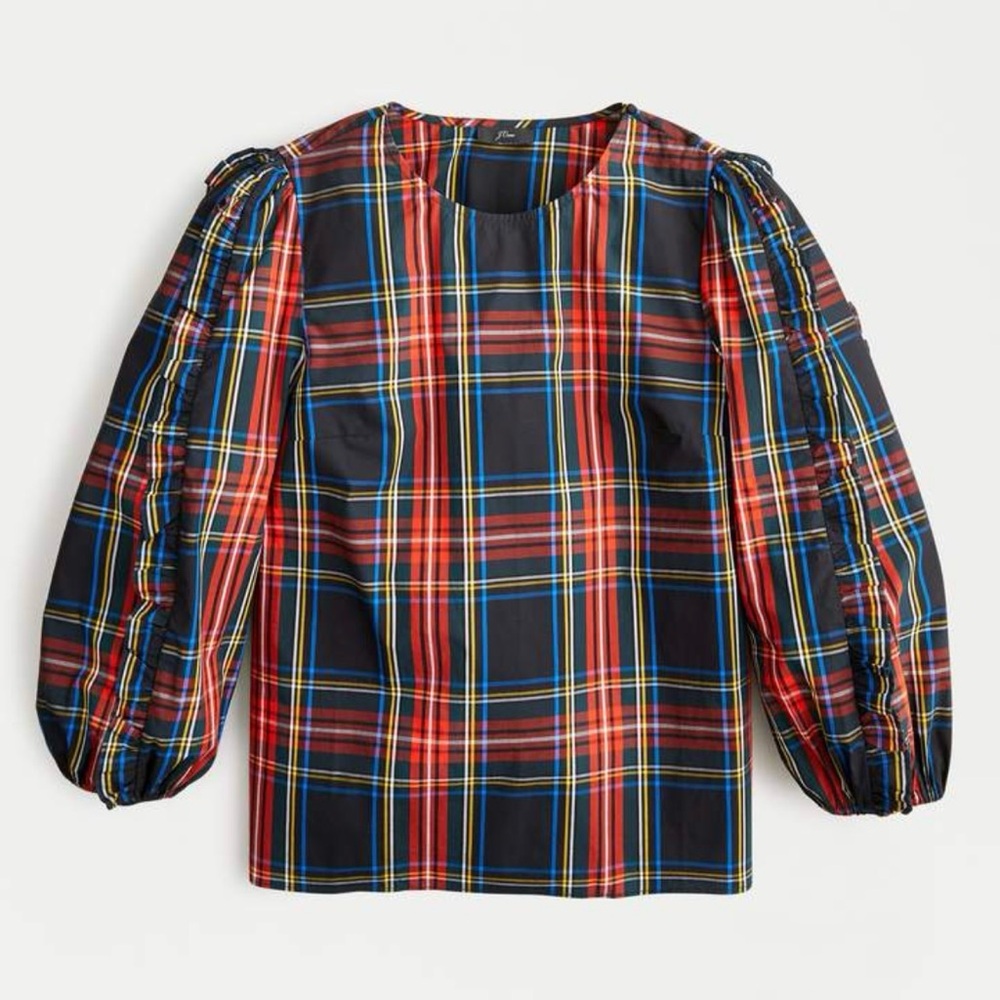 J.Crew Tartan Plaid Stewart Top Blouse Womens Size Small Ruffle Sleeves